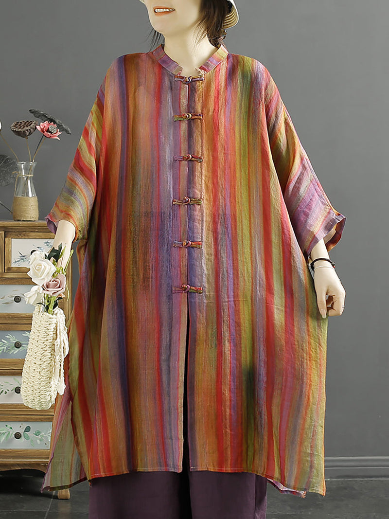 Summer Stripe Button-up 100%ramie Shirt Coat Kl1032