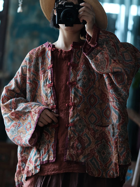 Spring Colorblock Flower Ramie Shirt Coat Co1031