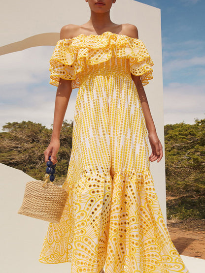 Off Shoulder Ruffled Embroidered Long Dresses