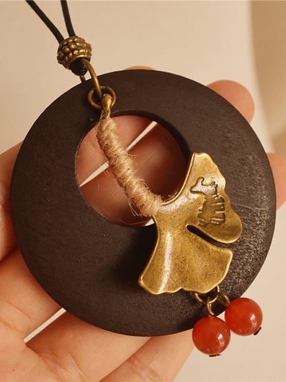 Alloy Leaf Round Wooden Sweater Necklace Kl1042