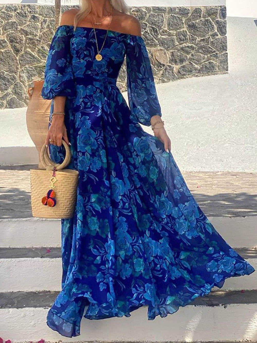 Marbella Blue - Off Shoulder Smocked Maxi Dress