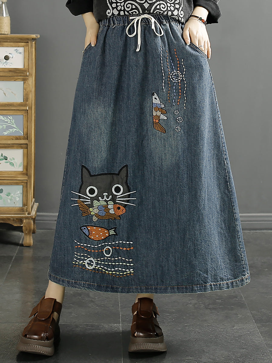 Summer Cat Fish Embroidery Denim Skirt Kl1008