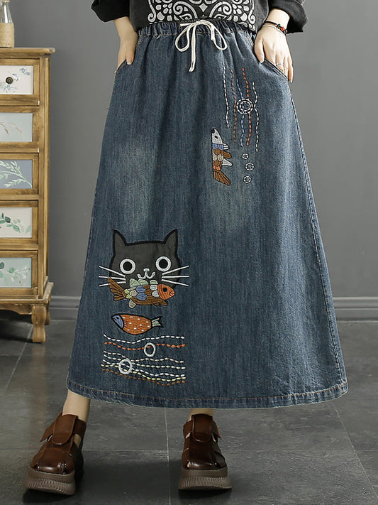 Summer Cat Fish Embroidery Denim Skirt Kl1008