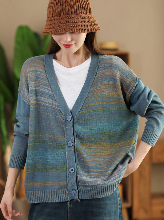 Autumn Artsy Colorful Knit V-neck Cardigan Sweater Ai1077
