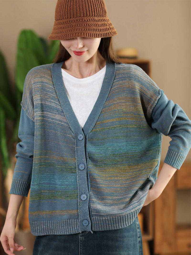 Autumn Artsy Colorful Knit V-neck Cardigan Sweater Ai1077