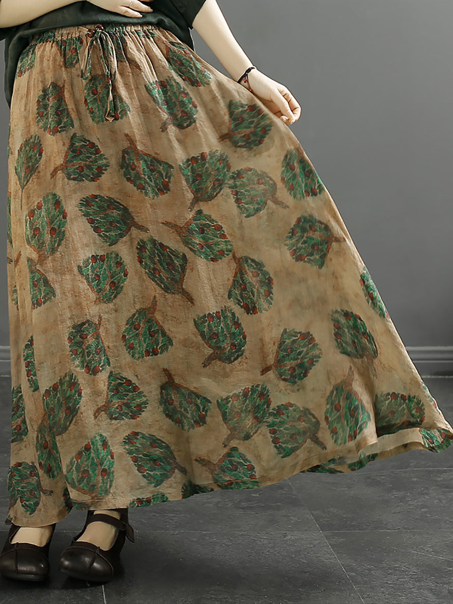 Leaf Flower Ramie Loose Skirt Sc1042