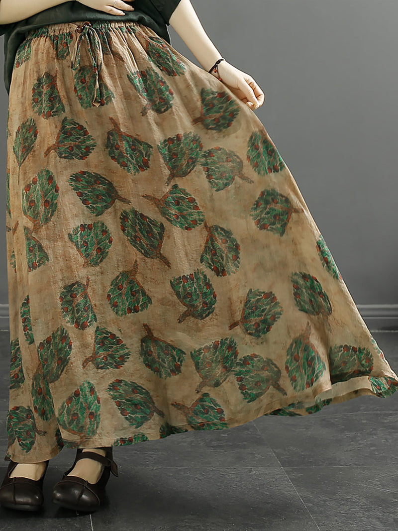 Leaf Flower Ramie Loose Skirt Sc1042