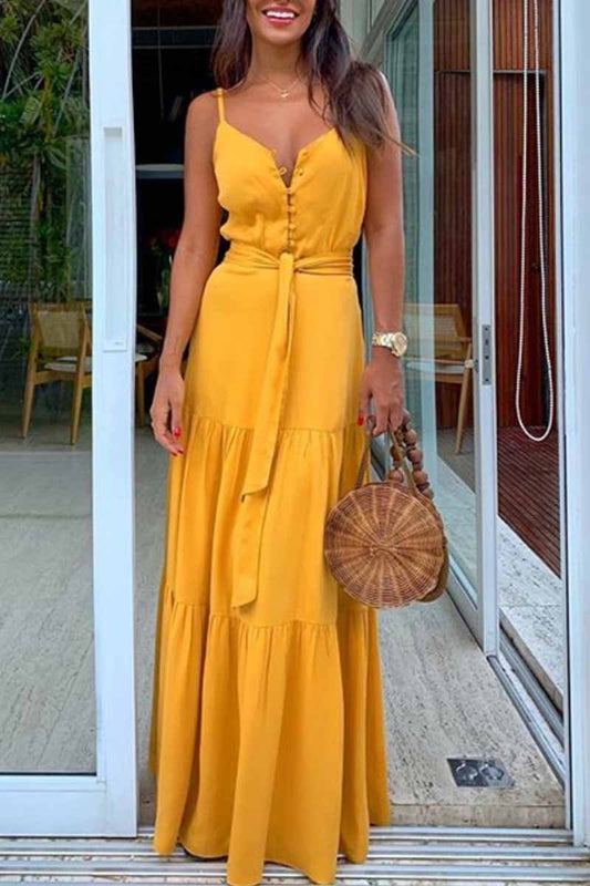 Button V-neck Maxi Dress With Belt(3 Colors)