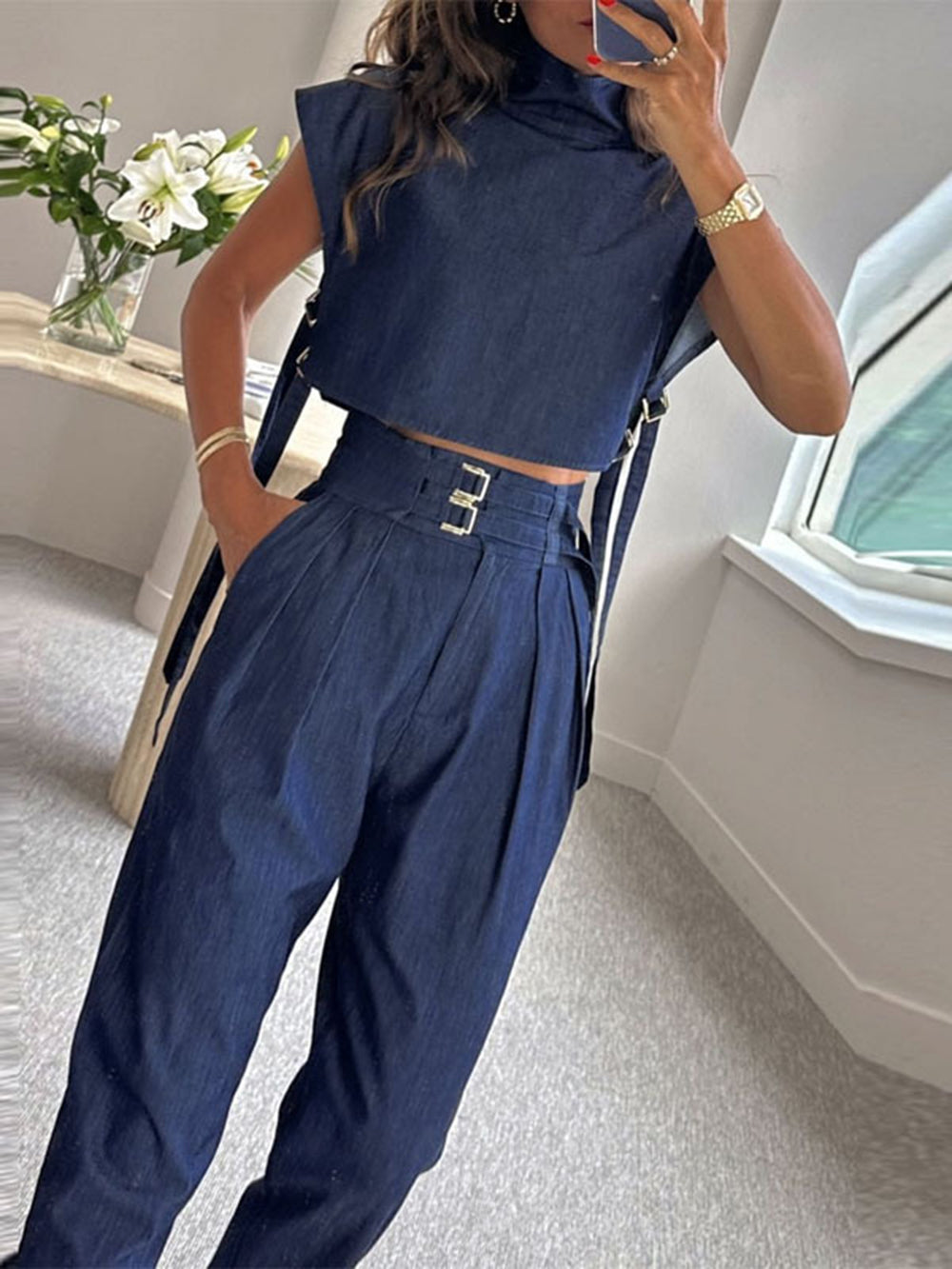 Cut Out Vest High-neck Suit Pants Set