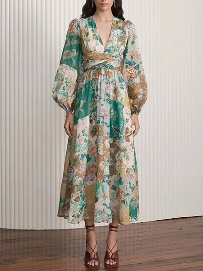 Hand-painted Printed V-neck Waist Midi Dress