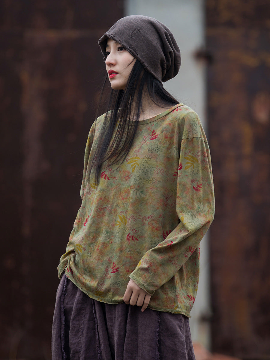 Autumn O-neck Flower Cotton Blouse At1008