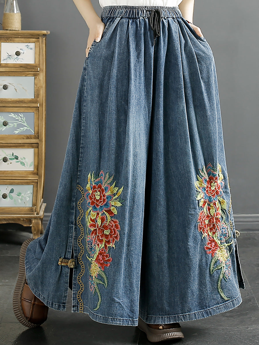 Summer Artsy Flower Embroidery Wide-leg Denim Pants Co1043