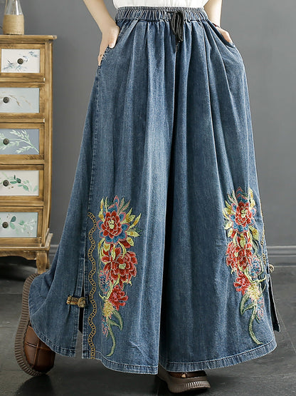 Summer Artsy Flower Embroidery Wide-leg Denim Pants Co1043
