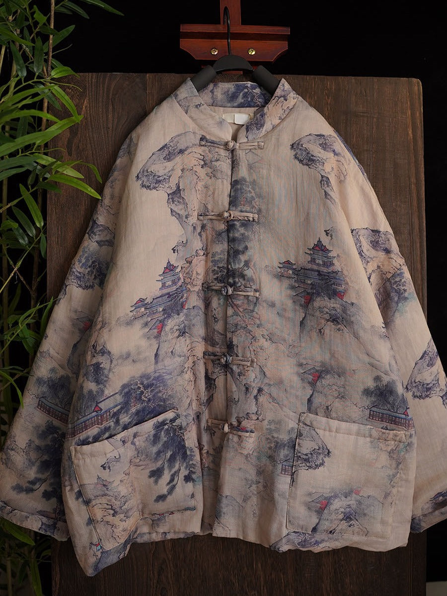 Autumn Print Button Stand Collar Ramie Coat At1053