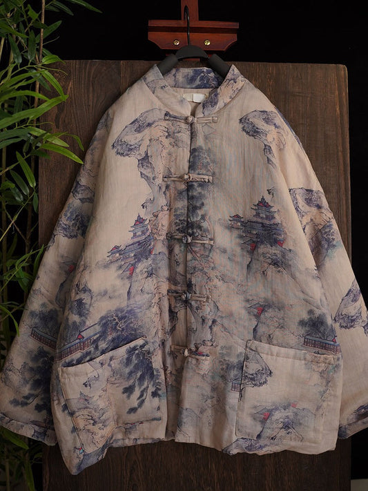 Autumn Print Button Stand Collar Ramie Coat At1053
