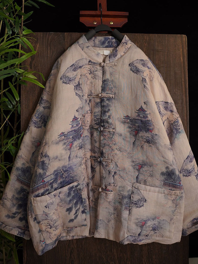 Autumn Print Button Stand Collar Ramie Coat At1053