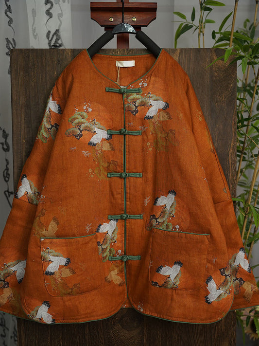 Crane O-neck Print Linen Padded Coat Qu005