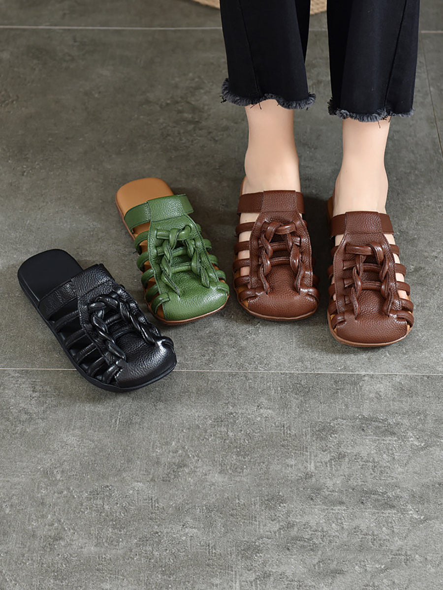 Summer Leather Spliced Flat Slippers Bn1002