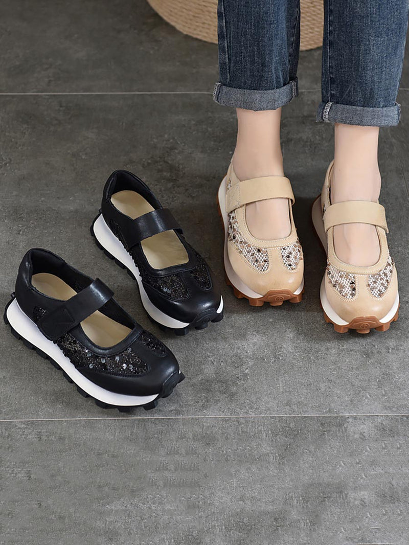 Summer Leather Spliced Mesh Sequin Platform Shoes Xx1022