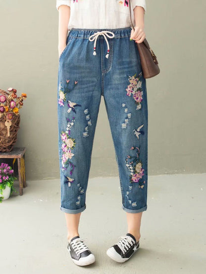 Summer Flower Embroidery Denim Harem Pants Io1022