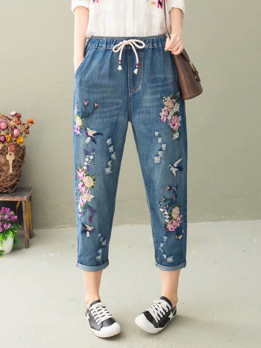 Summer Flower Embroidery Denim Harem Pants Io1022