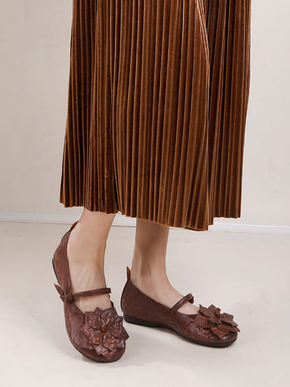 Summer Artsy Flower Leather Flat Shoes Aa1005