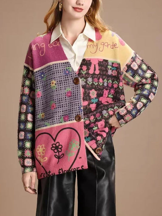 Winter Flower Colorblock V-neck Sweater As1018