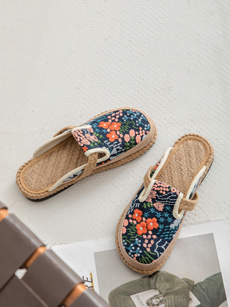 Cotton Flower Embroidery Slippers Summer