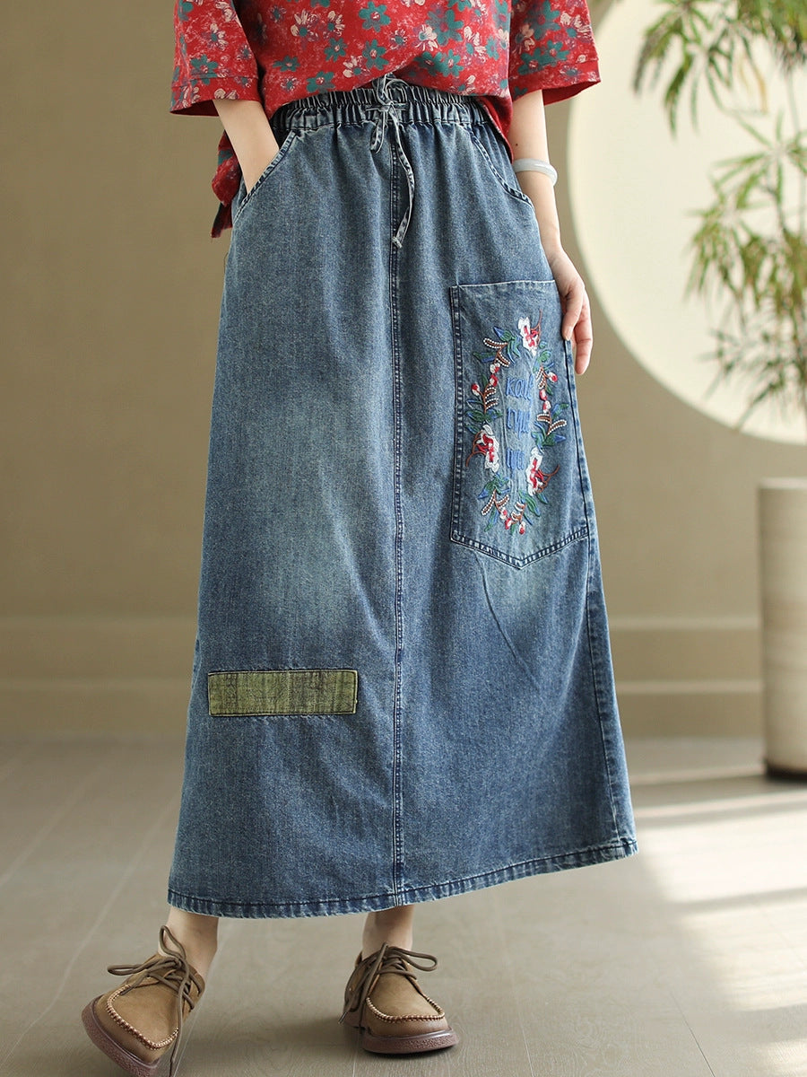 Artsy Flower Embroidery Denim Skirt Pa1009