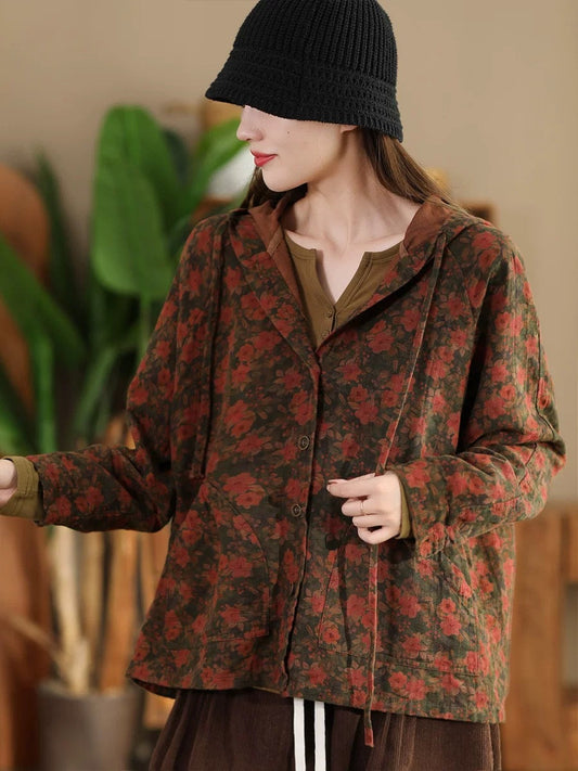 Autumn Flower Button Cotton Linen Hooded Coat Ah1013