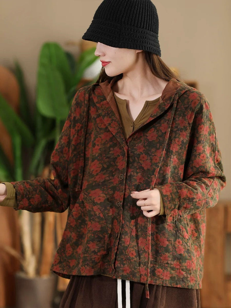 Autumn Flower Button Cotton Linen Hooded Coat Ah1013