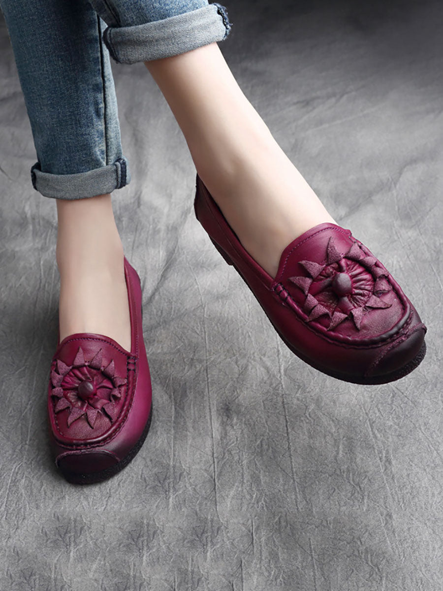 Flower Genuine Leather Low Heel Shoes As1005