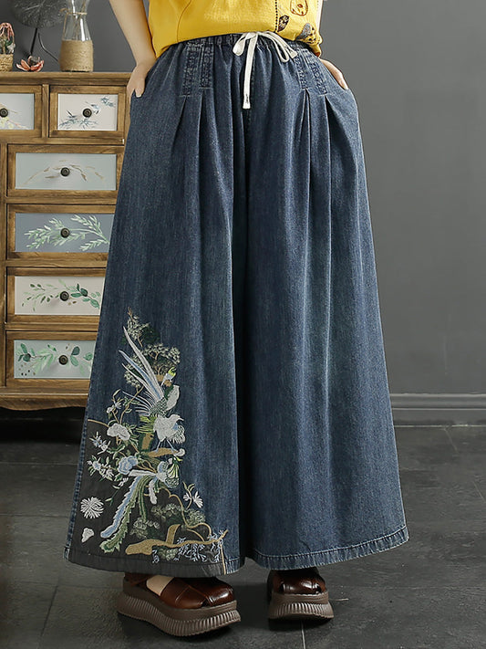 Embroidery Wide-leg Denim Pants Co1052