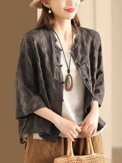 Flower Jacquard Button-up Ramie Blouse Sc1023
