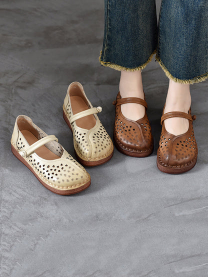 Summer Leather Cutout Leather Flat Shoes Oo1018