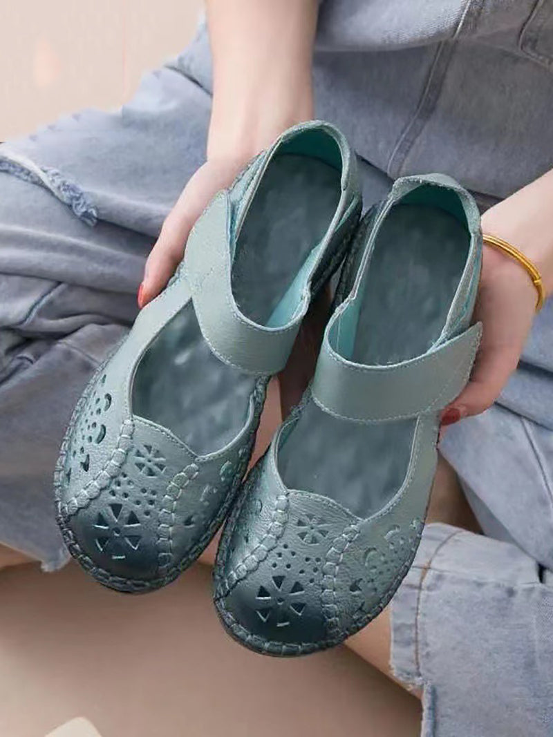 Summer Leather Cutout Low-heel Sandals Cv1008