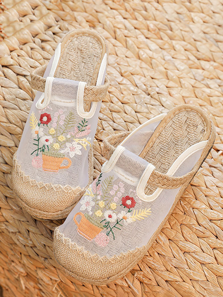 Summer Flower Embroidery Linen Spliced Shoes Ty1030