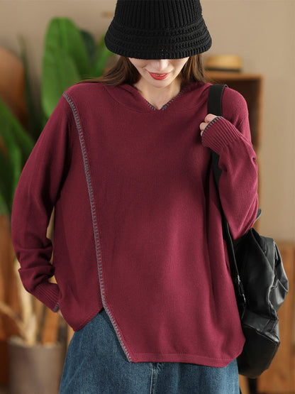 Autumn Split Hem Knit Hooded Blouse Ai1066