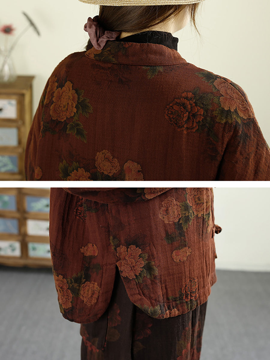 Autumn Flower Buckle Cotton Stand Collar Coat Ba1046