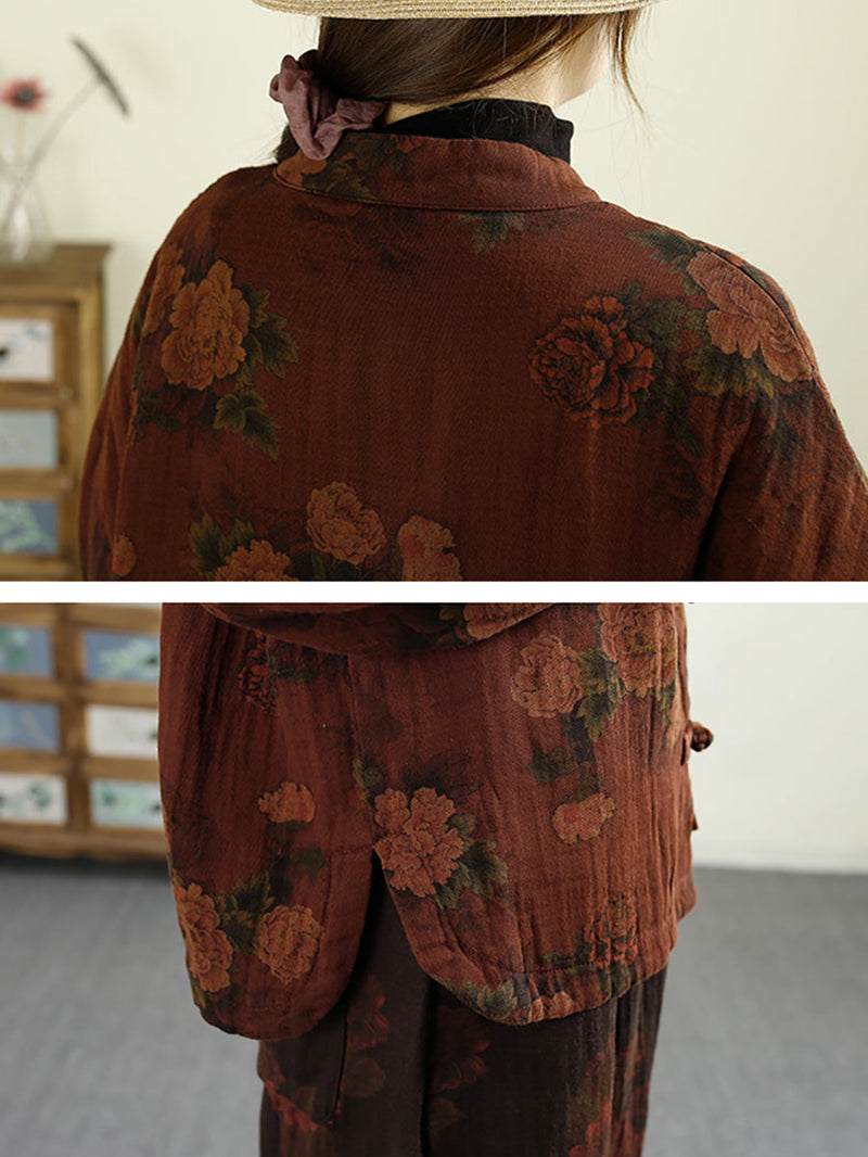 Autumn Flower Buckle Cotton Stand Collar Coat Ba1046