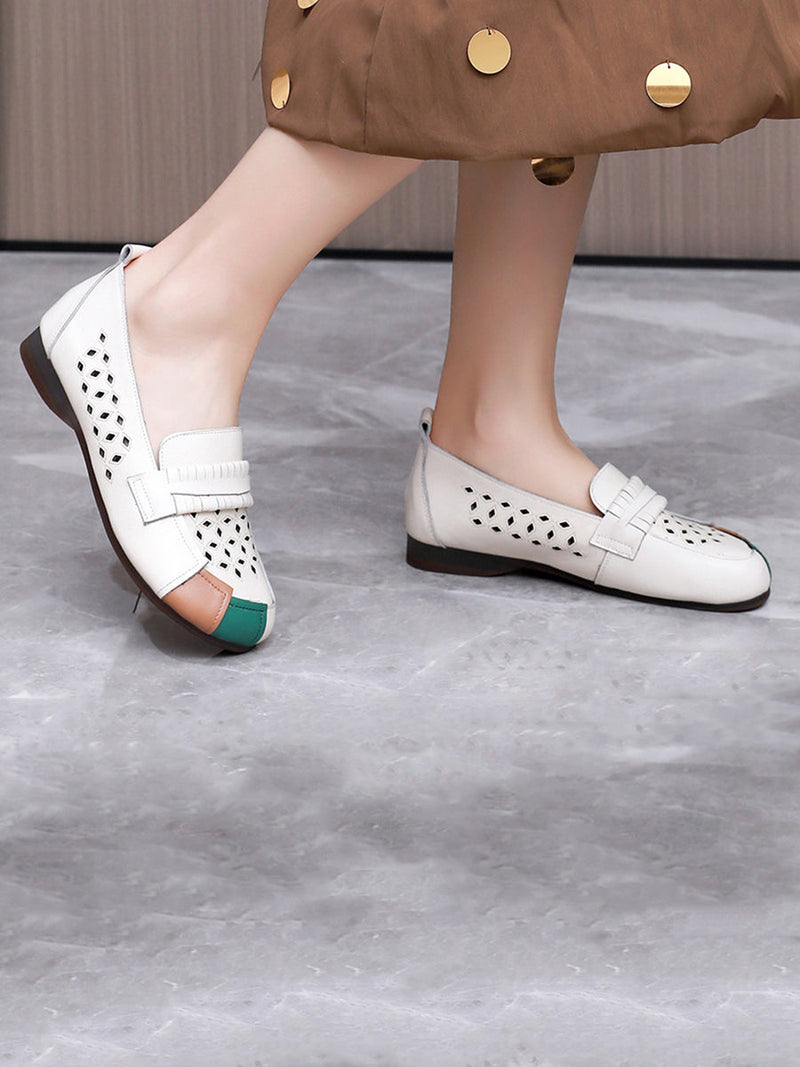 Summer Leather Colorblock Cutout Flat Shoes Ui1030