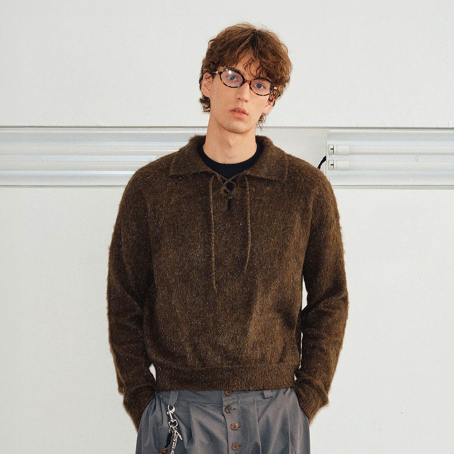 Brown Lace-up Mohair Sweater