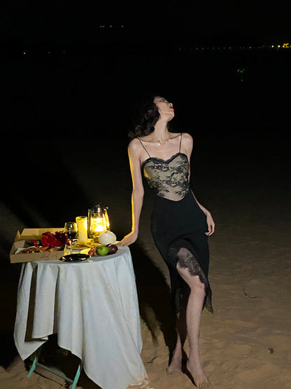 Black Lace Bodycon Midi Dress