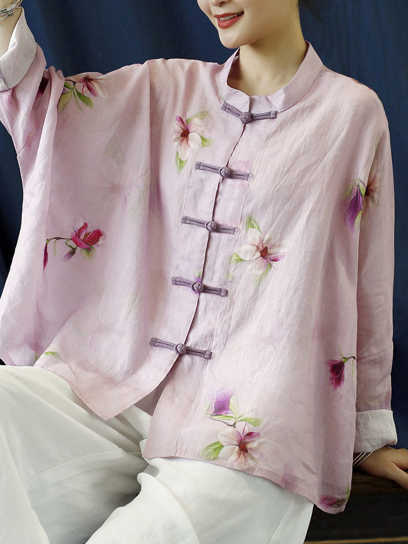 Flower Pink Spring Ramie Shirt Coat Pp1051