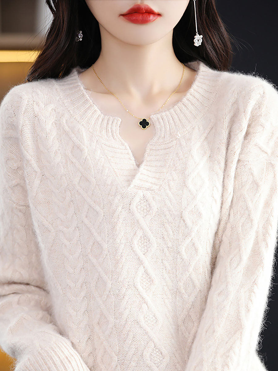 Autumn V-neck Wool Twist Knit Sweater Ax1030