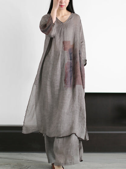 Print 100%ramie Long Shirt+pants Zz1056