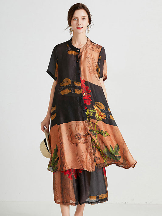 Artsy Flower Spliced Long Shirt+pants Hh053