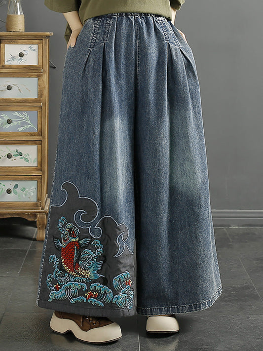Summer Koi Embroidery Wide-leg Denim Pants Co1049