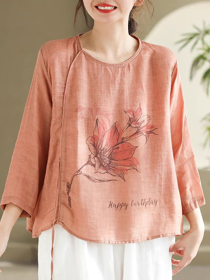 Spring Flower Strap Ramie Blouse Pa1032