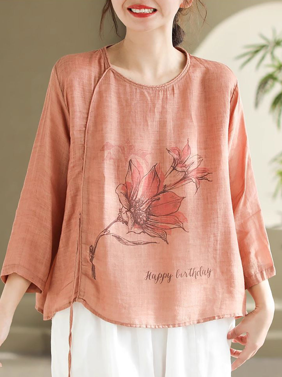 Spring Flower Strap Ramie Blouse Kl1039